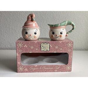 Johanna Parker Christmas Snowman Elves Elf Pink Green Sugar And Creamer Set NEW